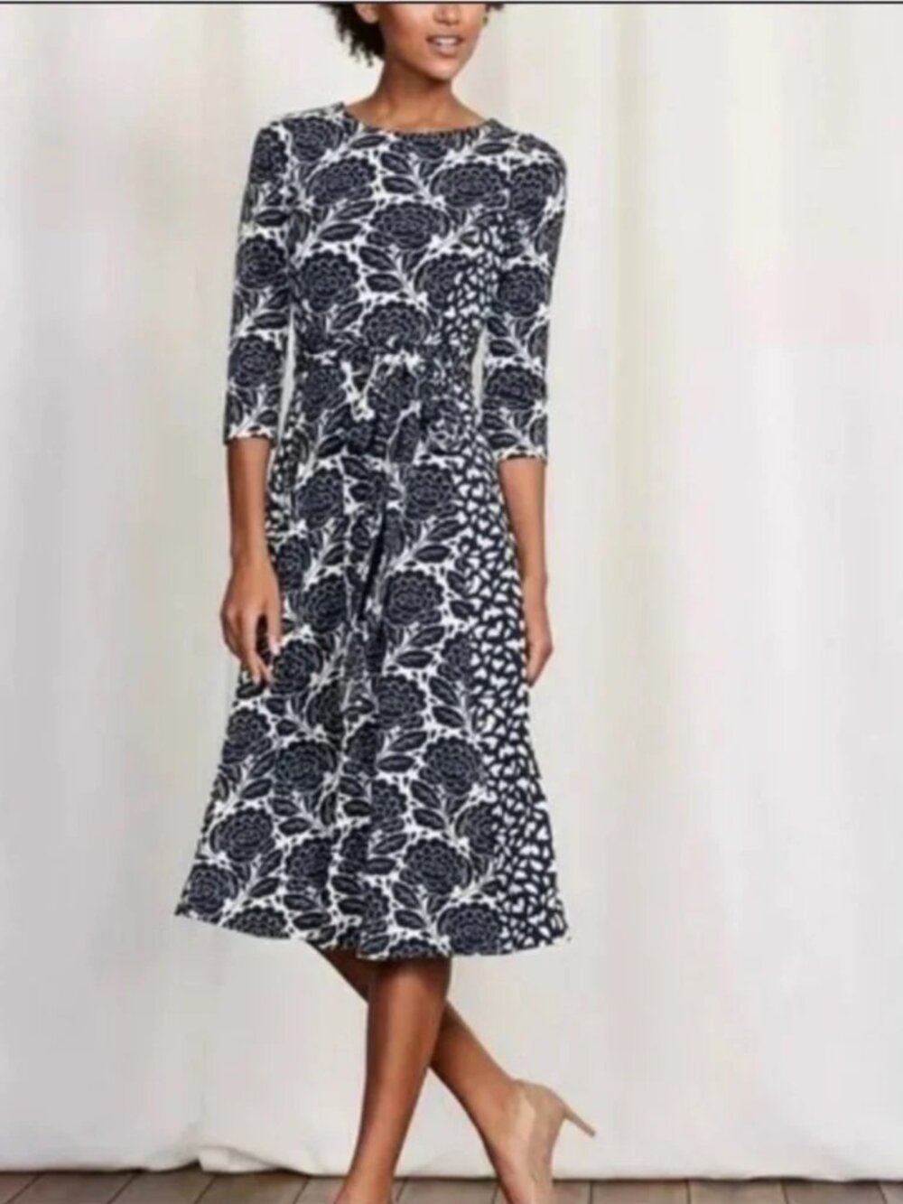 Boden Anna Jersey Tie-Waist Midi Dress, Navy White Floral, Size 12L 12 Long Tall